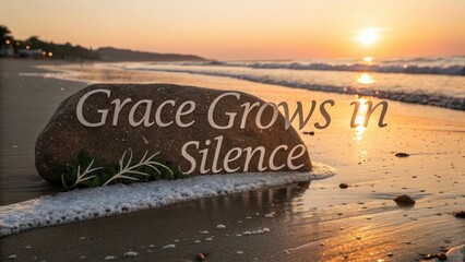 Stone on beach with quote reflecting sunrise colors