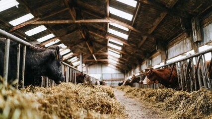 Cows stand in rustic barn filled with hay illustrating traditional dairy farming agriculture and rural countryside life