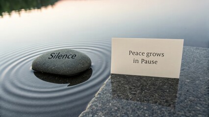 Stone reflecting in water with a message of peace and silence