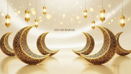 Elegant Golden Crescent Moons and Lanterns for Eid Mubarak Celebration.
