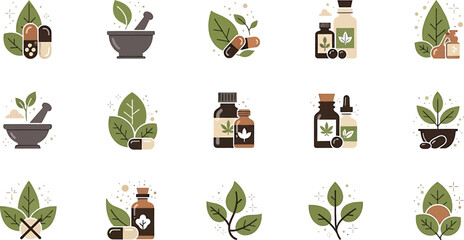 Collection of herbal medicine and natural remedy icons.