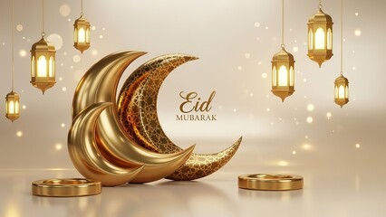 Golden Crescent Moon and Lanterns for Eid Mubarak Celebration.