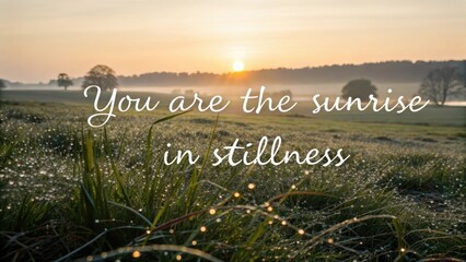 Sun rising over dew covered grass creating a peaceful scene