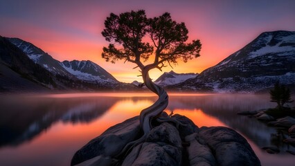 Majestic Twisted Tree Silhouette at Sunset over a Misty Mountain Lake