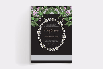 WEDDING INVITATION FRAME WITH FLOWER DECORATIONS AND FRESH LEAVES
