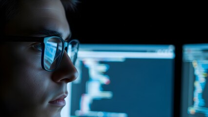 Extreme close-up portrait of an unaware subject wearing glasses, illuminated by the blue glow of dual monitors displaying complex code. This conveys intense concentration during late-night programmin