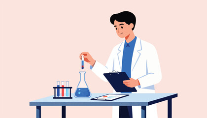 Scientist in lab coat examines liquid in test tube over flask on table