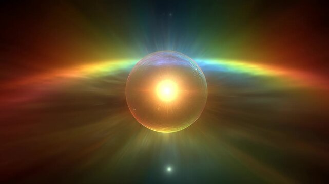 Showing mesmerizing meditative magic concept. A luminous orb radiates light amidst a vibrant cosmic background.