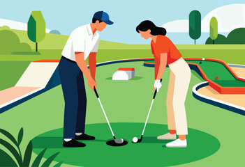 A man and woman play a round of mini-golf on a bright, sunny day