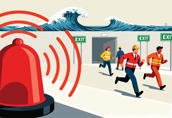 Warning siren signals evacuation as giant waves loom over fleeing workers