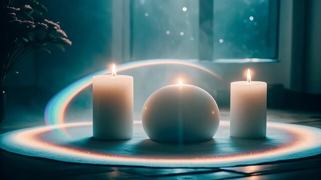 Showing mesmerizing meditative magic concept. Three candles and a smooth white orb create a serene atmosphere with soft lighting.