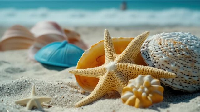 A collection of vibrant seashells and starfish washed ashore on sandy beach.