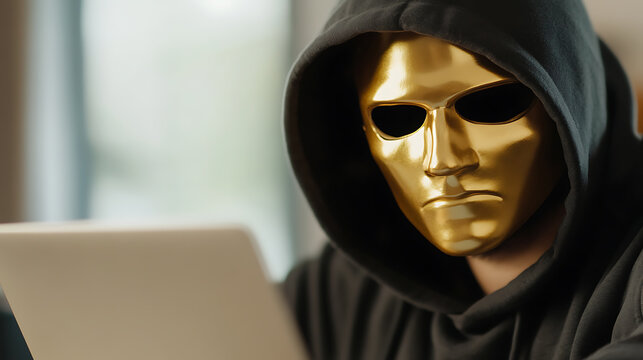 A masked figure shrouded in mystery.  The golden mask gleams as the person works on their laptop, blending modern tech with enigmatic charm, casting shadows of intrigue. - Powered by Adobe