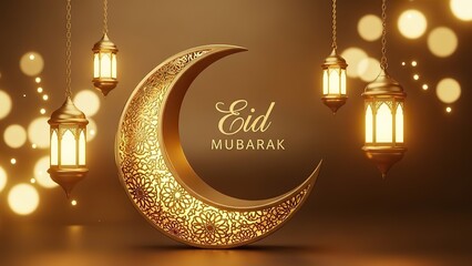 Golden Crescent Moon and Lanterns for Eid Mubarak Celebration.