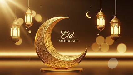 Golden Crescent Moon and Lanterns for Eid Mubarak Celebration.