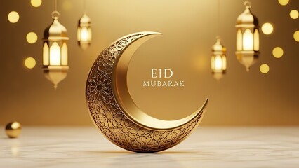 Golden Crescent Moon and Lanterns for Eid Mubarak Celebration.