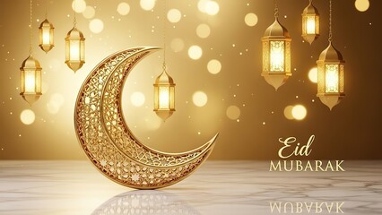 Golden Crescent Moon and Lanterns for Eid Mubarak Celebration.