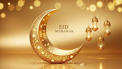 Golden Crescent Moon and Lanterns for Eid Mubarak Celebration.