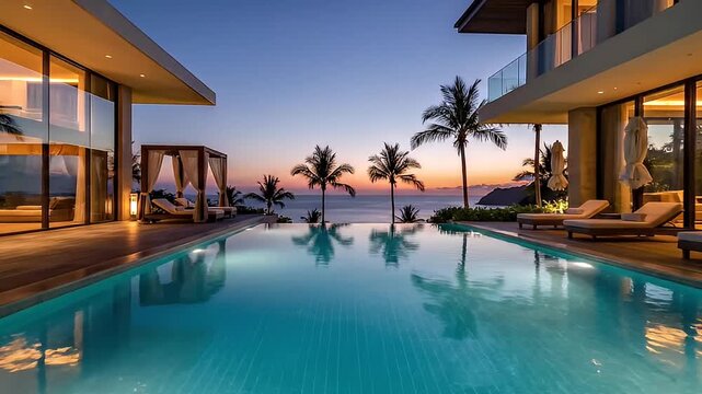 Stunning luxury modern tropical villa infinity pool at twilight showcasing breathtaking sunset views over the ocean horizon with palm trees