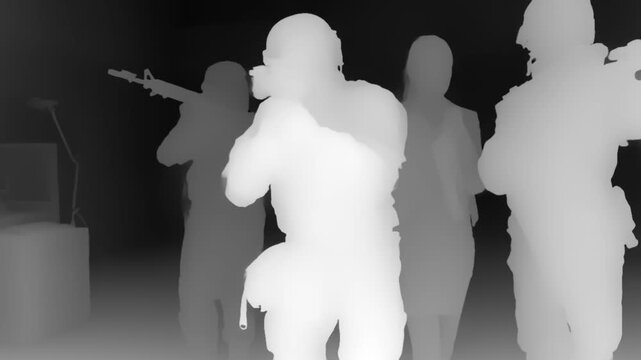 High-contrast grayscale depth map showing an armed tactical unit moving through an indoor environment, created for AI simulation, object detection, and training scenarios.