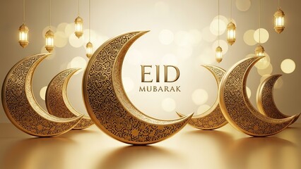 Golden Crescent Moons and Eid Mubarak Text with Bokeh Lights.