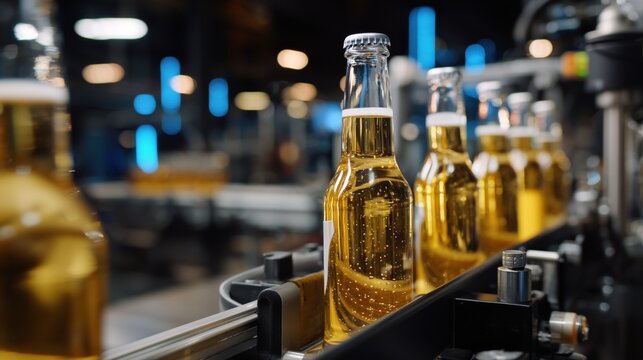Automated beer bottling line with glass bottles on a conveyor belt inside a modern brewery, symbolizing beverage manufacturing, industrial production, quality control, and food industry automation - Powered by Adobe
