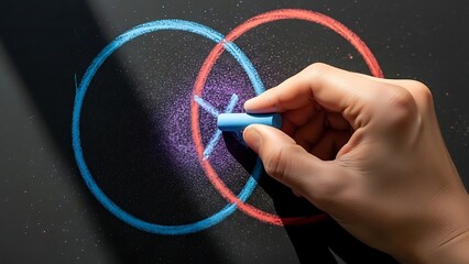 Hand drawing Venn diagram on blackboard representing overlap and intersection of two concepts