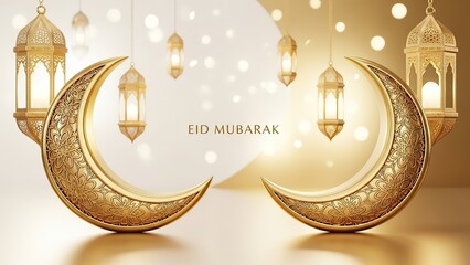 Golden Crescent Moons and Lanterns for Eid Mubarak Celebration.