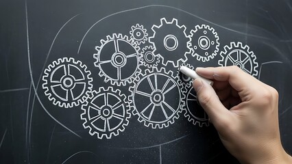 Hand drawing a complex interconnected network of gears on a blackboard, symbolizing collaboration and mechanical systems
