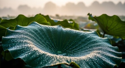 Large green leaf with dew.