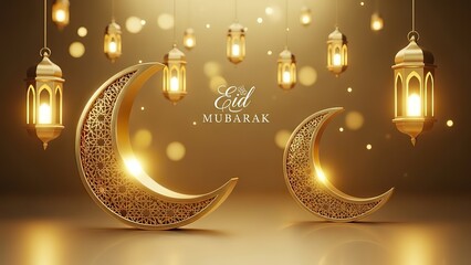 Golden Eid Mubarak Crescent Moon and Lanterns with Bokeh Lights.
