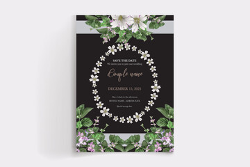 WEDDING INVITATION FRAME WITH FLOWER DECORATIONS AND FRESH LEAVES