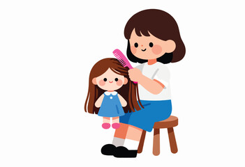 A girl sits on a stool combing her doll's brown hair with a pink comb