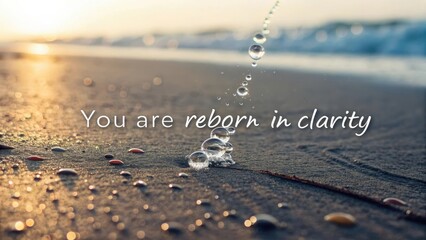 Water drops on wet sand in morning sunrise light