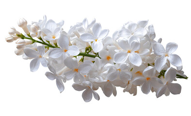Close-up of white lilacs, clustered petals, green stem