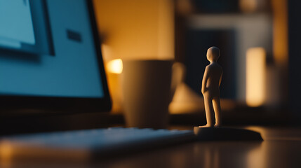Small figure standing on a keyboard in front of a laptop and coffee cup, contemplating the digital world. Soft lighting creates a cozy workspace scene.