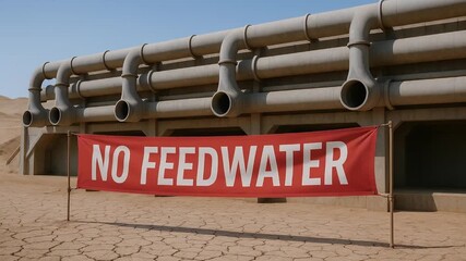 No feedwater sign dry cracked desert landscape highlights climate crisis impact water scarcity biodiversity loss arid environment industrial pipes infrastructure urgent environmental concern awareness