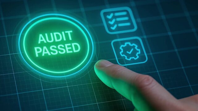 Audit passed button glowing on digital screen with finger pressing, symbolizing successful inspection, verification, quality control, and assurance in technology and business environment