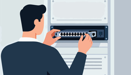 Person plugging network cable into server rack