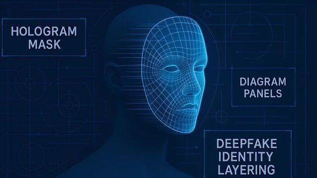 Cyber security deepfake hologram mask identity layering with digital face wireframe, technology protection, artificial intelligence, virtual diagram panels, 3D human data science, and innovative