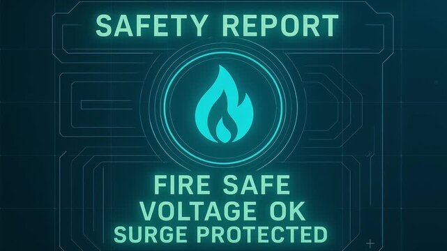 Safety report displaying fire safe, voltage OK, surge protection status on glowing blue digital interface with advanced electric technology ensuring secure and reliable system protection