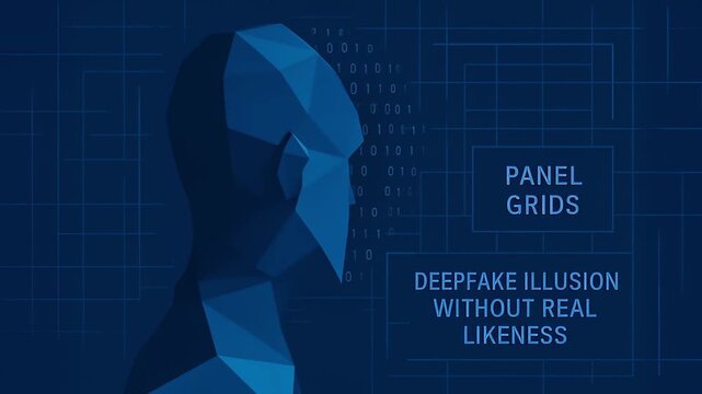Cyber security deepfake technology challenges with polygonal human face, digital panel grid, and binary code illustrating digital illusion, identity risks, and online trust verification