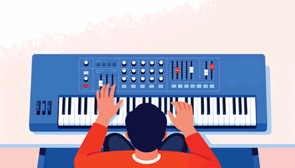 Overhead view of hands playing a blue keyboard synthesizer with multiple knobs and sliders