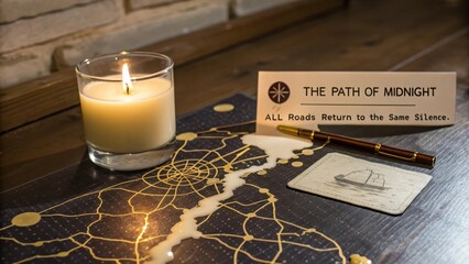 A burning candle with melted wax spreading on a map