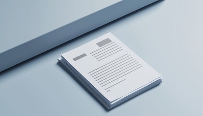 A stack of professional white documents with placeholder text on a clean light blue surface, featuring a diagonal dark grey bar.