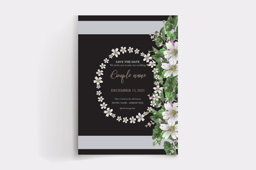 WEDDING INVITATION FRAME WITH FLOWER DECORATIONS AND FRESH LEAVES