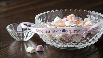 A crystal bowl of candy with a ribbon of encouraging words