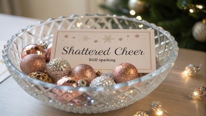 A crystal bowl filled with shattered glitter Christmas baubles