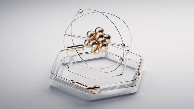 Golden atom on futuristic hexagon stage, 3d rendering.