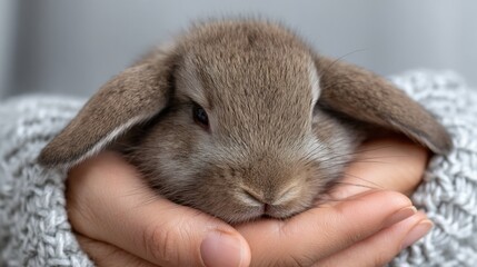 Cute fluffy brown rabbit resting comfortably in a person’s hands with cozy sweater texture in the background